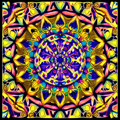 Prompt: vividly colored ornate psychedelic mandala pattern, intricate detail, complex patterns, high detail, symmetry