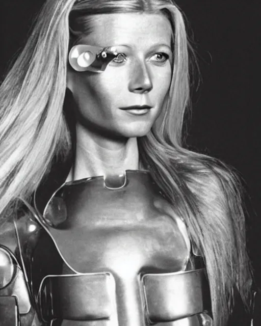 Image similar to young gwyneth paltrow wearing a futuristic mechanical mask with amber eye reflective lenses, and black leather body armor.