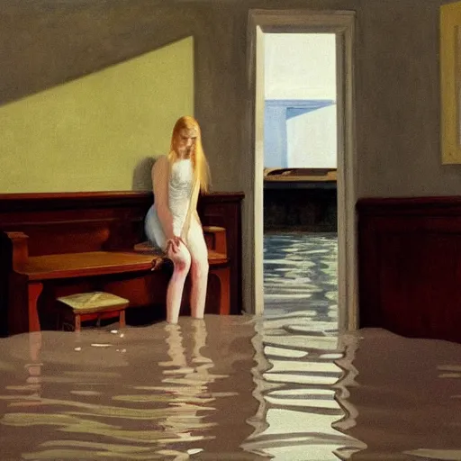 Image similar to painting of Elle Fanning in a flooded house, by Edward Hopper