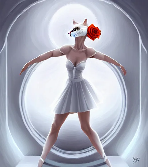 Image similar to symmetry!! anthropomorphic cat ballerina in a white dress holding rose, solid cube of light, hard edges, intricate, elegant, highly detailed, digital painting, artstation, concept art, smooth, sharp focus, illustration, dreamlike, art by artgerm