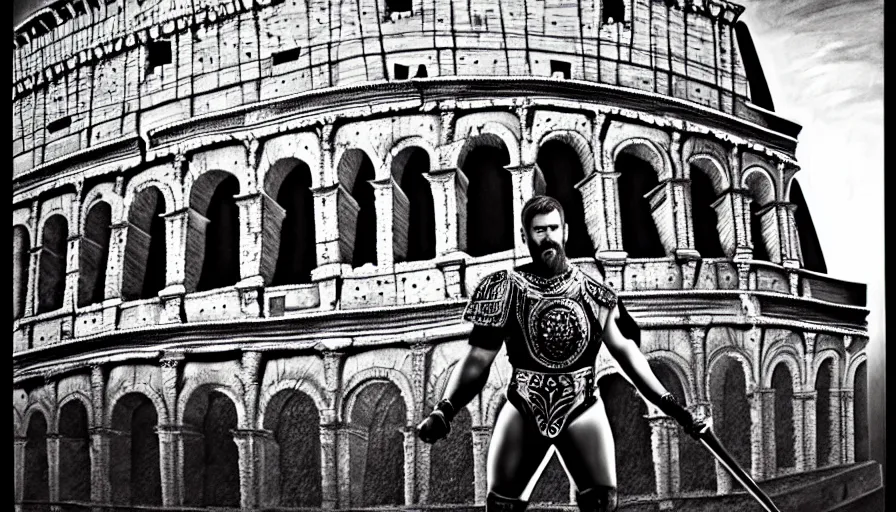 Prompt: full body portrait, gladiator, colosseum, hyperrealism, detailed and intricate environment,