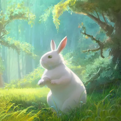 Image similar to concept art painting of a chubby white rabbit wearing a turquoise dress, in the deep forest, realistic, detailed, cel shaded, in the style of makoto shinkai and greg rutkowski and james gurney