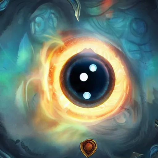 Image similar to giant eye magic spell, magic spell surrounded by magic smoke, floating cards, hearthstone coloring style, epic fantasy style art, fantasy epic digital art