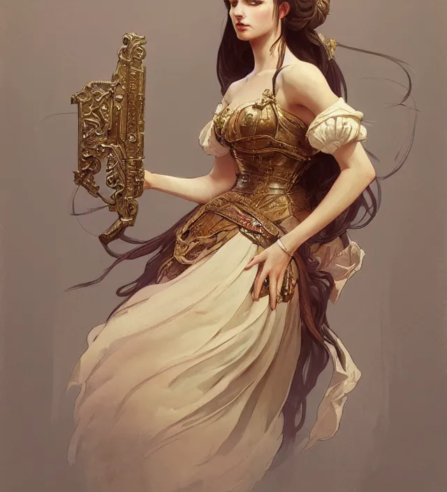 Image similar to portrait of a full body of young beautiful female princess, d & d, baroque dress, elegant, flat lighting, intricate, highly detailed, digital painting, artstation, concept art, smooth, sharp focus, illustration, art by simon bisley and greg rutkowski and alphonse mucha, natural tpose