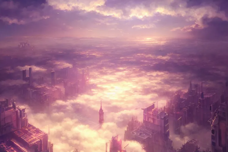 Image similar to ultra realistic city floating on clouds, colors, 8 k, hd, details, fantasy, epic, ancient city, illustration concept art anime key visual trending pixiv fanbox by wlop and greg rutkowski and makoto shinkai and studio ghibli and kyoto animation symmetrical facial features