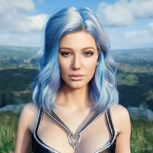 Image similar to “hyperrealistic ultra detailed unreal engine 5 RTX raytracing nvidia hairworks render of portrait of the most beautiful girl with blue eyes and white hair. heavens background. She has amazing silver jevelery. Nose piercing. Black shiny Latex designer dress . Ultra realistic face Rainbow. Grymes inspires. Wonderful landscape on the background. Photo. Photorealistic. Beautiful makeup”