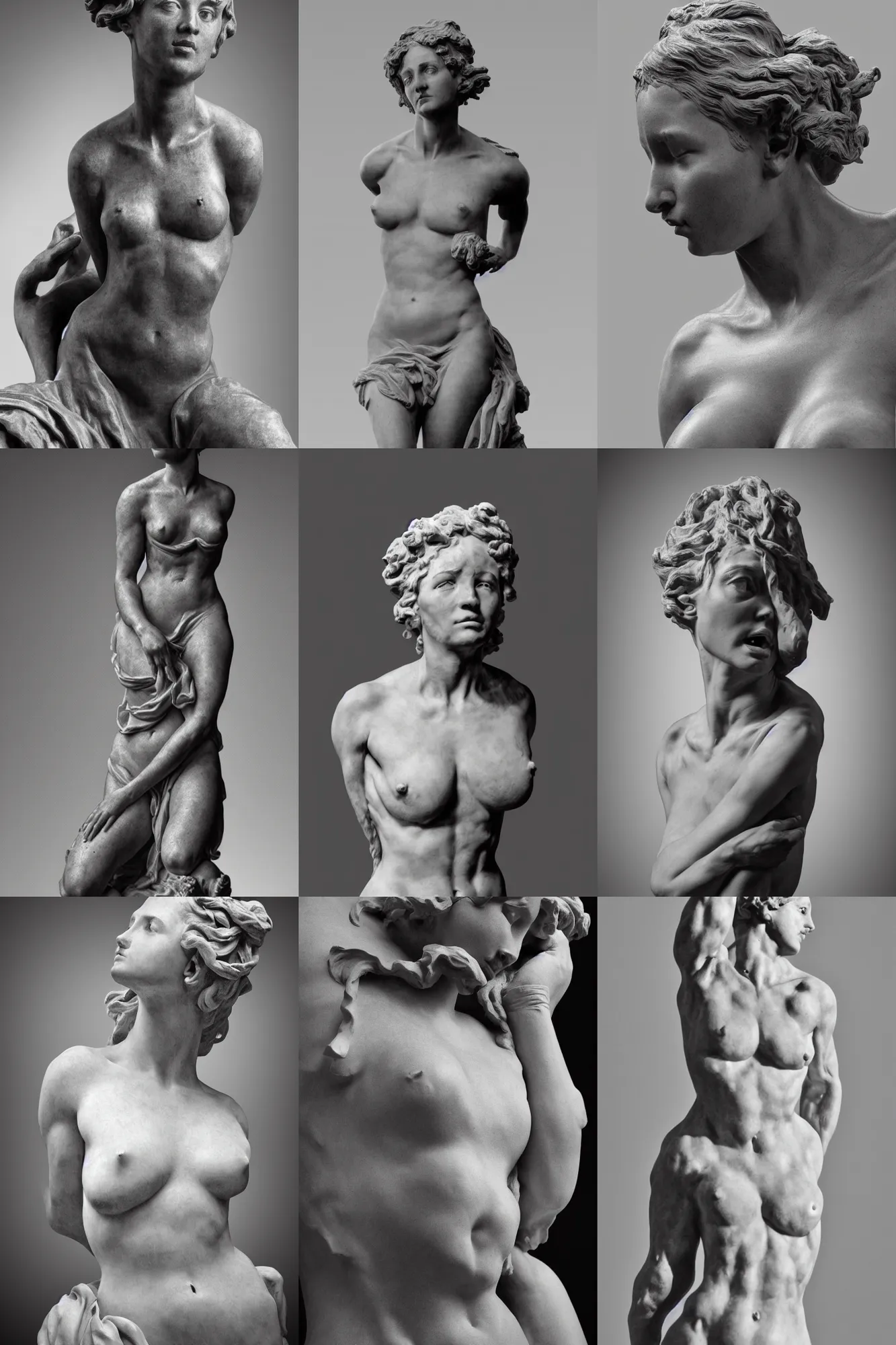 Prompt: black and white photo of Jean Baptiste Carpeaux sculpture female . Full body shot; hyper realism dramatic lighting, high detail 4K