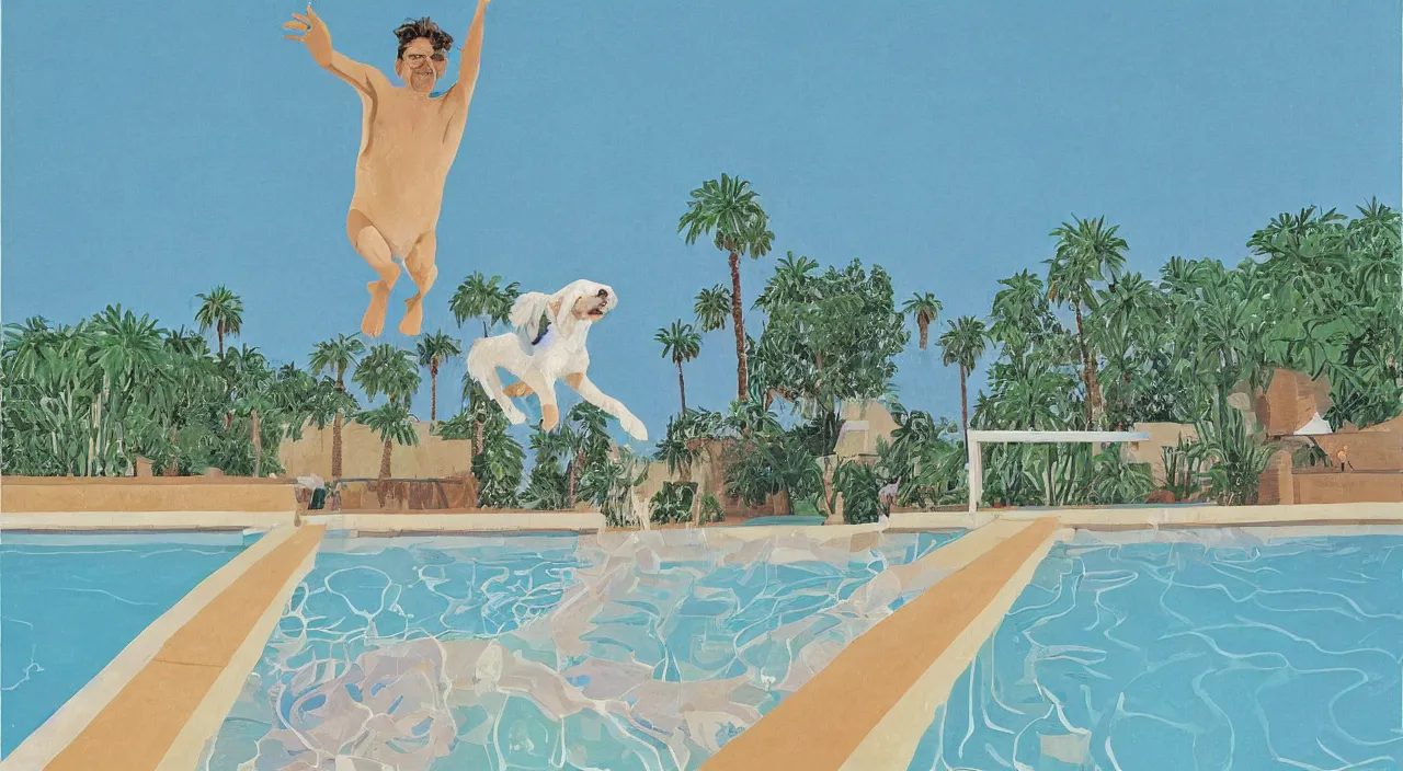 Image similar to medium shot of one cream colored havanese dog jumping off a diving board into a pool at a mid century modern house in palm springs by david hockney