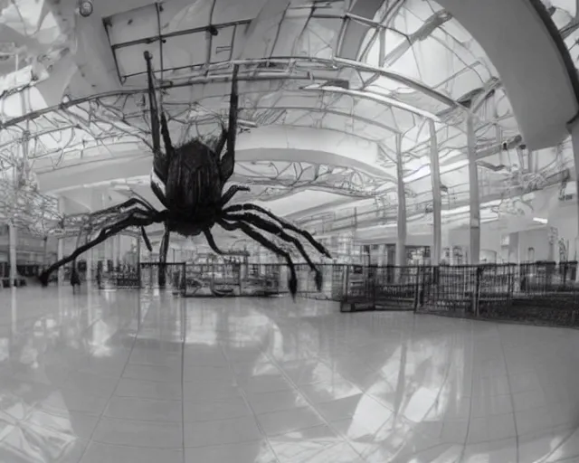 Image similar to camera footage of a Gigantic Spider Demon in an abandoned shopping mall, high exposure, dark, monochrome, camera, Unreal engine 5, grainy, CCTV, security camera footage, timestamp, zoomed in, fish-eye lens, Evil, spider, horrifying, lunging at camera :4