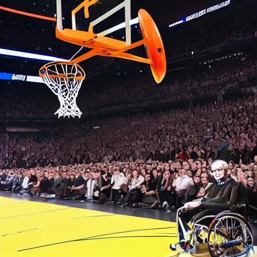 Image similar to photograph of stephen hawking flying through the air on flying wheelchair, dunking, side view, highlights of the 2 0 1 9 nba slam dunking contest