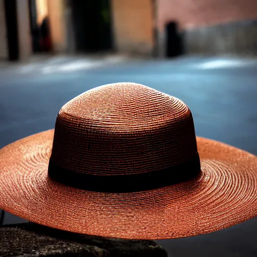 Prompt: 35mm lens photo of a floating hat in a back street, cinematic, depth of field, bokeh, atmospheric, 8k, trending on artstation