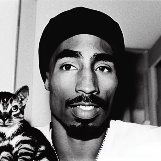 Image similar to 1 5 mm wide - angle lens photo of tupac in 1 9 9 0 new york holding a kitten up to the camera, 4 k