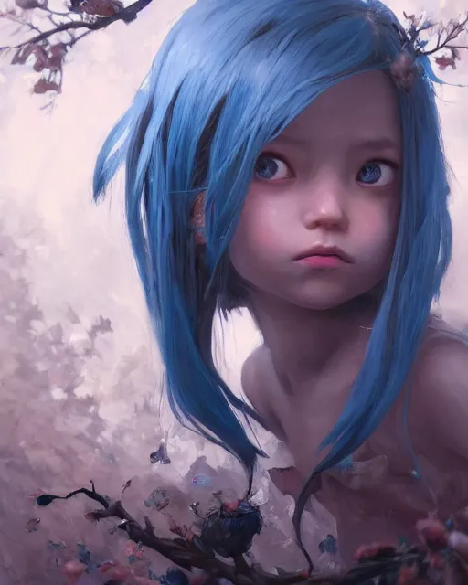 Prompt: a highly detailed oil painting of A little nightmare girl, Brown eyes, in professional makeup, with length blue hair, and a tall tree, and large obsidian crystals, cinematic lighting, dramatic atmosphere, by Dustin Nguyen, Akihiko Yoshida, Greg Tocchini, Greg Rutkowski, Cliff Chiang, 4k resolution, trending on artstation