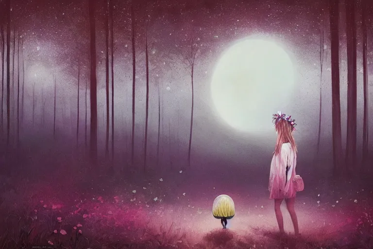 Image similar to giant daisy flower crown head, girl walking in forest, surreal photography, dark night, stars, moon light, impressionist painting, clouds, digital painting, artstation, simon stalenhag