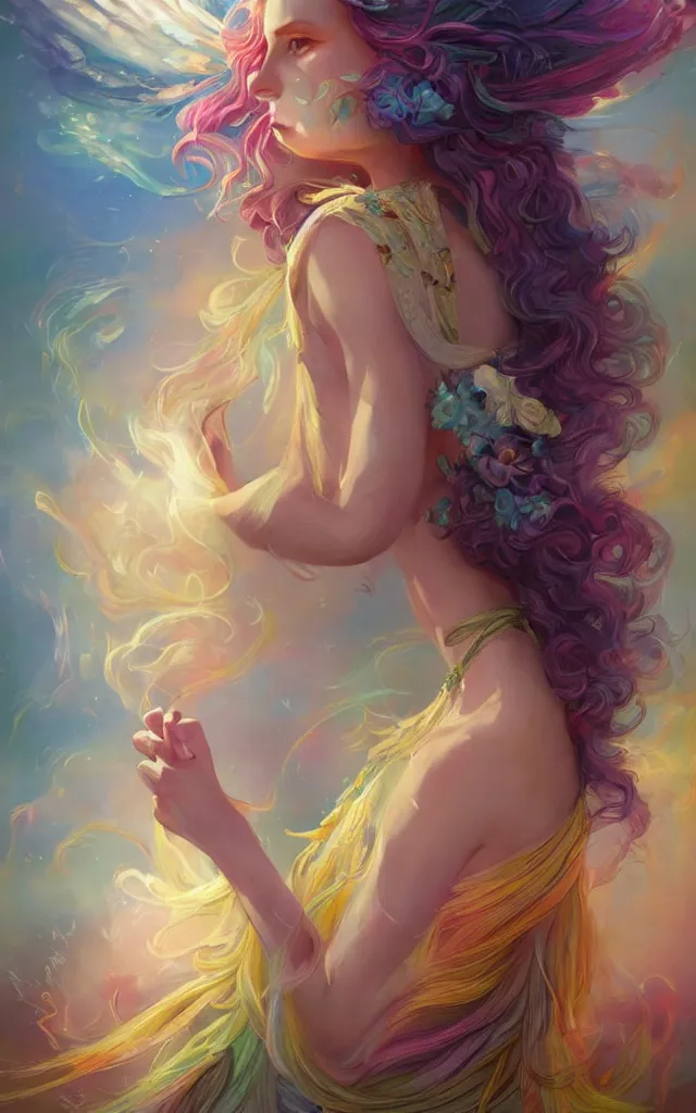 Image similar to a colorful and provenance illustrations painting of the fantasy female who with floral wing, highly detailed, her hair made of hair made of air wind and curling smoke, mist, dust, genie, spirit fantasy concept art, art by charlie bowater and ketner, jeremiah, trending on artstation.