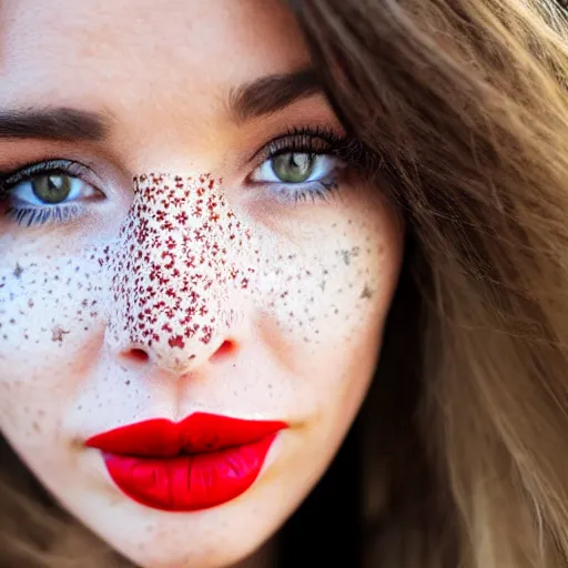 Image similar to close up portrait photo of the left side of the face of a brunette woman with stars inside her eyes, red lipstick and freckles. she looks directly at the camera. Slightly open mouth, face covers half of the frame, with a park visible in the background. 135mm nikon. Intricate. Very detailed 8k. Sharp. Cinematic post-processing. Award winning photography