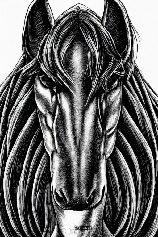 Image similar to demon horse with a horn, symmetrical, highly detailed, digital art, sharp focus, trending on art station, kentaro miura manga art style