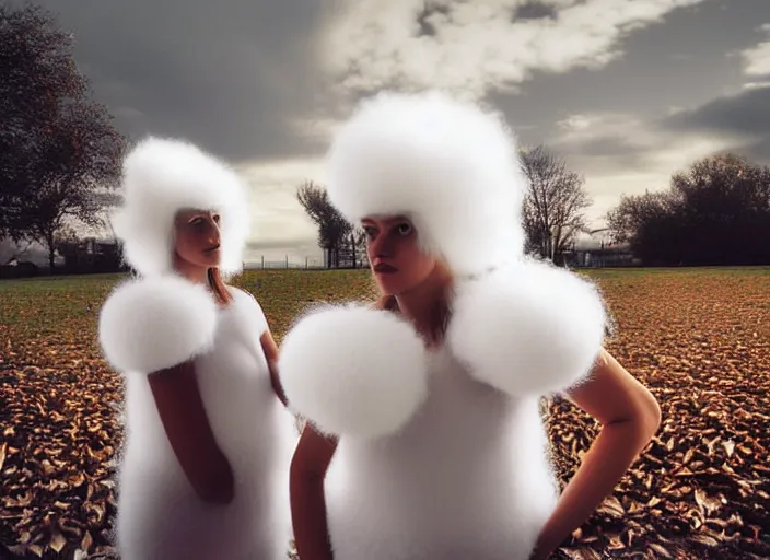 Image similar to realistic photo portrait of the woman volleyball team white cotton fluffy bird white carnival costumes shorts, fluffy pigeon head face portrait, wood in autumn, grey dusk sky with black clouds 1 9 9 0, life magazine reportage photo,