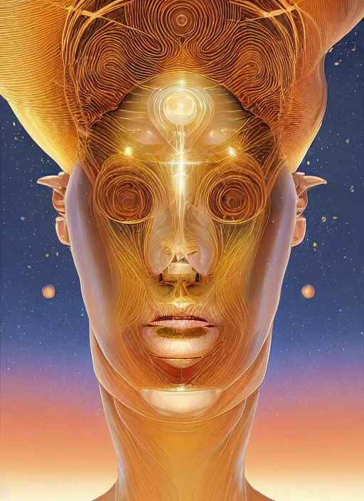 Image similar to a golden woman 2/3 figurative portrait, in space, head breaking apart and spiraling geometry into the sky upwards into another dimension, lazer light beaming down to top of her head, by moebius and Yoshitaka amano, painterly digital art