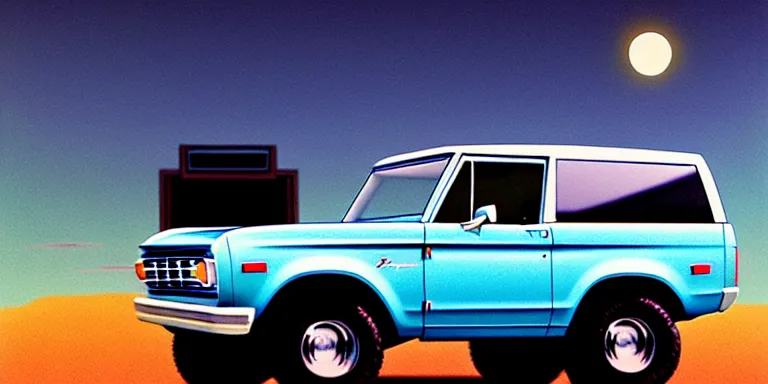 Image similar to a cinematic keyframe matte painting of a sleek 1 9 7 0 s vaporwave concept vehicle retro - futurism sci - fi sky blue ford bronco car in an open garage in the colorado, view from the street. in the moonlight. by eric lafforgue, glennray tutor and edward hopper, greg rutkowski. trending on artstation.