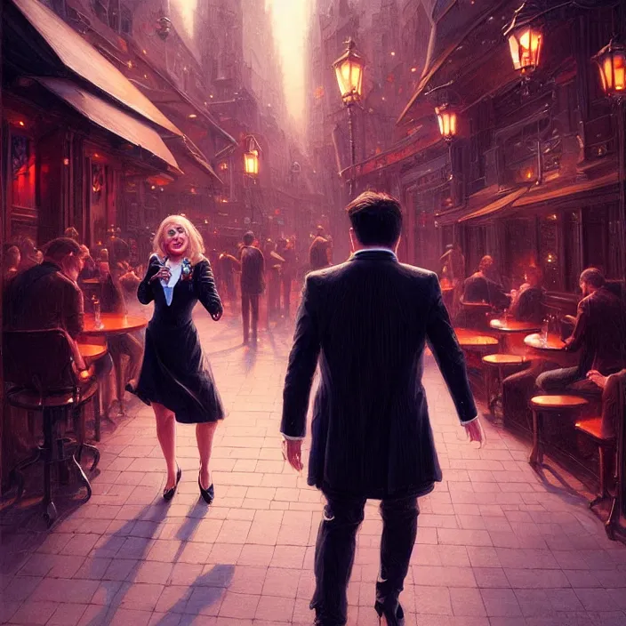 Image similar to michael mcintyre leaving a bar with with a singing waitress, elegant, real life skin, intricate artwork, high detailed, artstation, concept art, smooth, sharp focus, art by artgerm and greg rutkowski