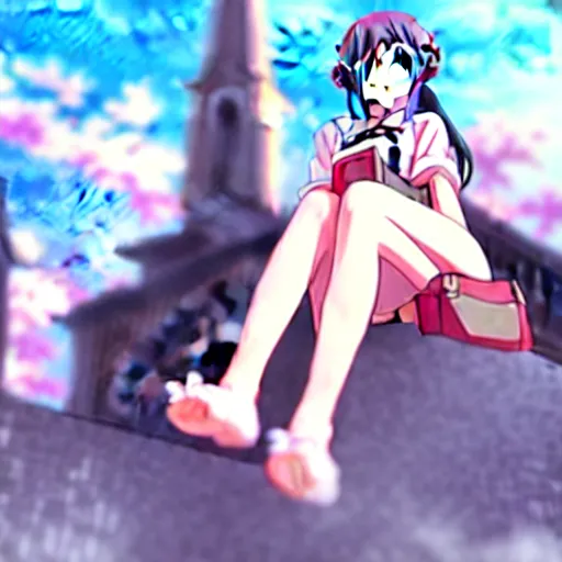 Prompt: Key Anime Visual a macro anime girl sitting on a miniature cathedral, from the perpective of a massive miniature crowd, official modern anime