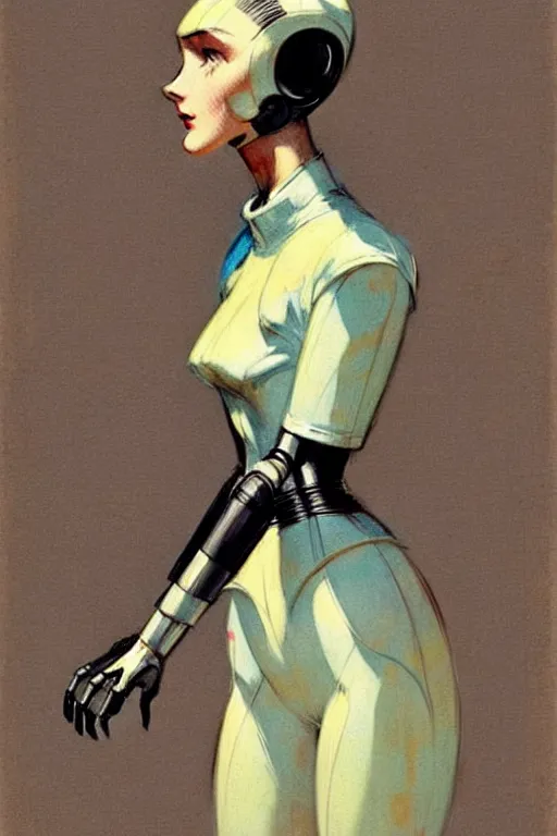 Prompt: ( ( ( ( ( 1 9 5 0 s retro future robot android female maid gesture art. muted colors. ) ) ) ) ) by jean - baptiste monge!!!!!!!!!!!!!!!!!!!!!!!!!!!!!!