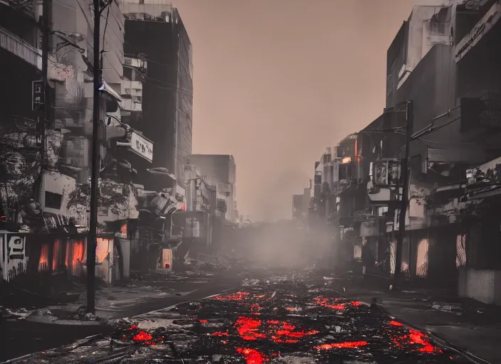 Prompt: dirty, dark, streets of Tokyo, huge fires flaming through the streets, blood red colored sky, apocalpyse, debris on the floor, cinematic lighting