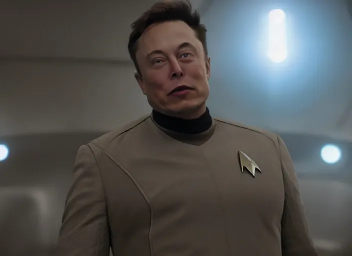 Prompt: captain elon musk of the uss enterprise, star trek, movie still, high quality, heroic, epic lighting, cinema, cinematography, directed by michael bay