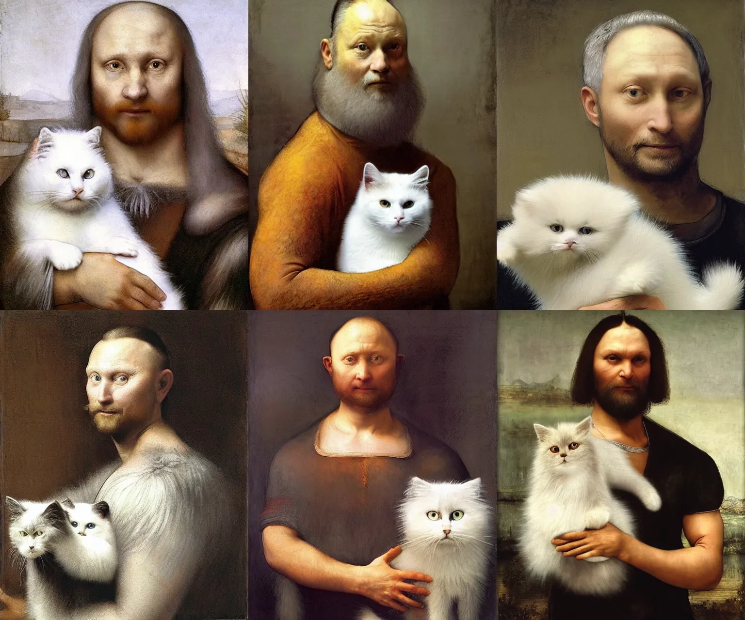 Prompt: a white man with dark grey hair that looks exactly like limmy wearing a grey tshirt standing beside his fluffy white cat, houseplant behind him, epic painting by James gurney, Leonardo da Vinci, Rembrandt
