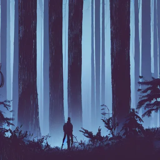 Prompt: in the style of max prentis and moebius and laurie greasley a silhouette of two young explorers wearing cyberpunk headpieces in the middle of an enchanting forest, long shot, highly detailed, 8k wallpaper