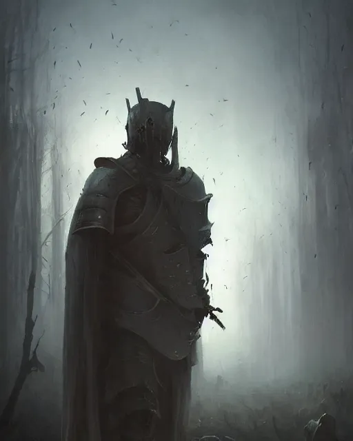 Image similar to Hyper realistic oil painting of an undead knight, knight in the foreground, fog, volumetric lighting, nighttime, moonlight, creepy, by greg rutkowski