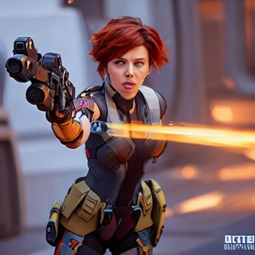 Image similar to scarlett johansson as tracer, overwatch, photography, movie,