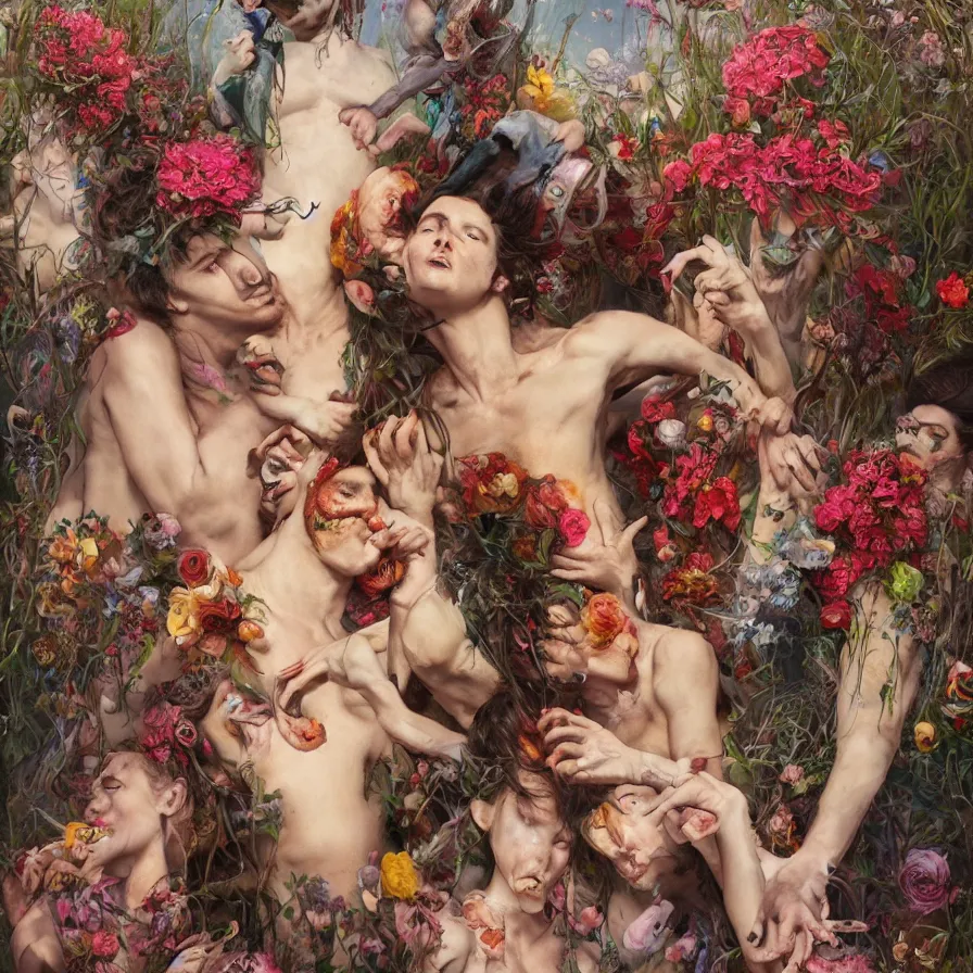 Prompt: male portrait of anorexic family eating rotten flesh and puking blood wearing a thong, surrounded by flowers by karol bak, james jean, tom bagshaw, rococo, trending on artstation, cinematic lighting, hyper realism, dramatic, emotional, octane render, 8 k, hyper detailed.