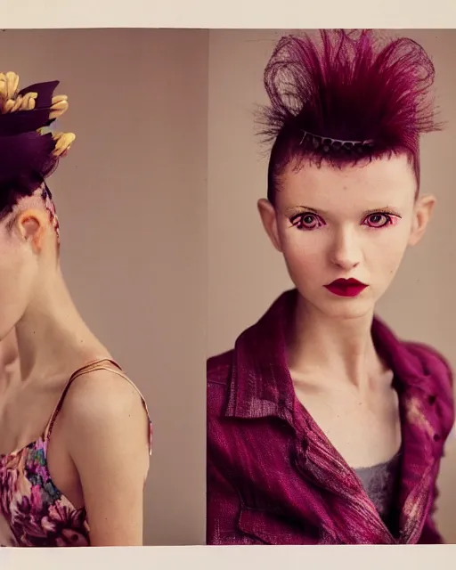 Image similar to a bountiful springtime harvest, a conceptual surrealist punk hairstyle for girls, by steven meisel, sigma 35mm f/8