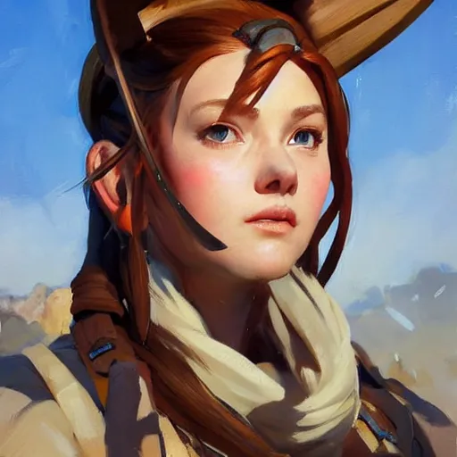 Prompt: greg manchess portrait painting of a aloy as overwatch character, medium shot, asymmetrical, profile picture, organic painting, sunny day, matte painting, bold shapes, hard edges, street art, trending on artstation, by huang guangjian and gil elvgren and sachin teng