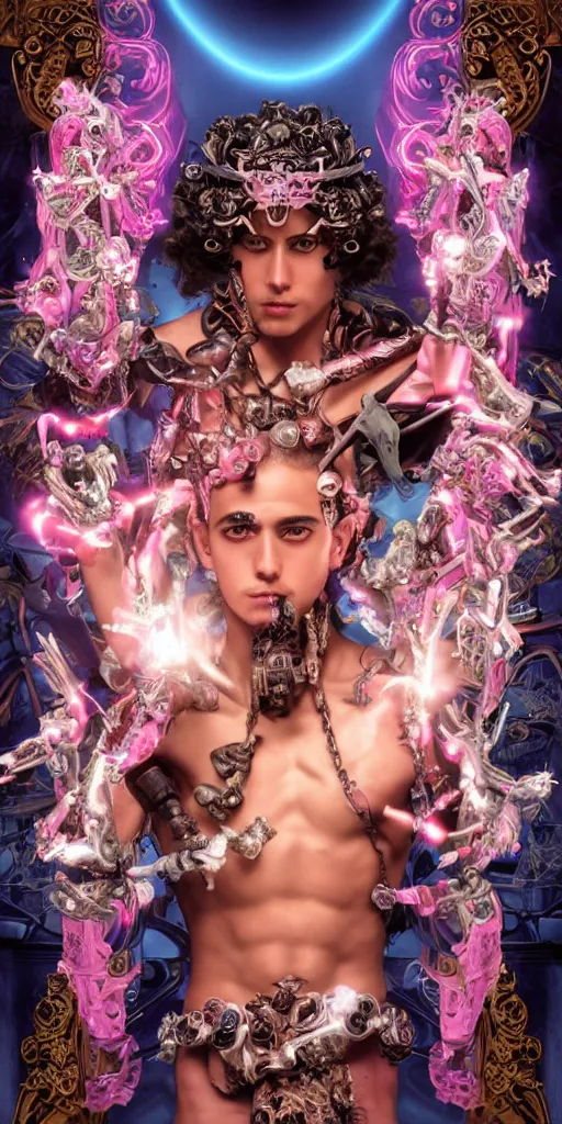 Image similar to full-body baroque and cyberpunk style sculpture of a young seductive Hispanic prince half android with a chest exposing a glowing gemstone battery, glowing pink seductive laser eyes, crown of blue gears and diamonds, swirling salmon-colored silk fabric, robotic raptors dinosaurs. baroque elements. full-length view. intricate artwork by caravaggio. art by Artgerm and Greg Rutkowski and Alphonse Mucha, Trending on artstation, cinematic industrial lighting, hyper realism, octane render, 8k, depth of field, 3D