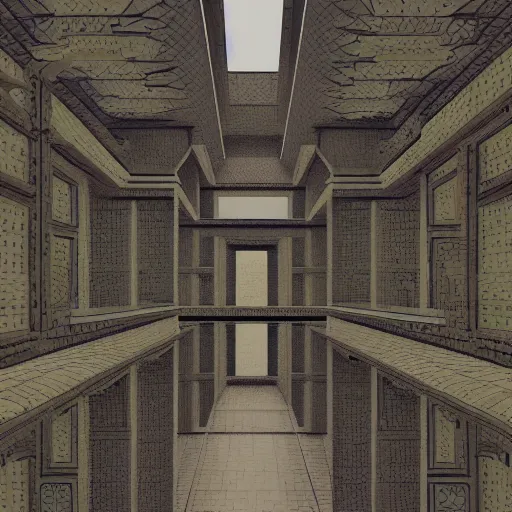 Prompt: the last virtual art museum in a 9 0's video game, made in 1 9 9 0, hyper detailed realistic hd screenshot, in the style of mc escher, in the style of a liminal space