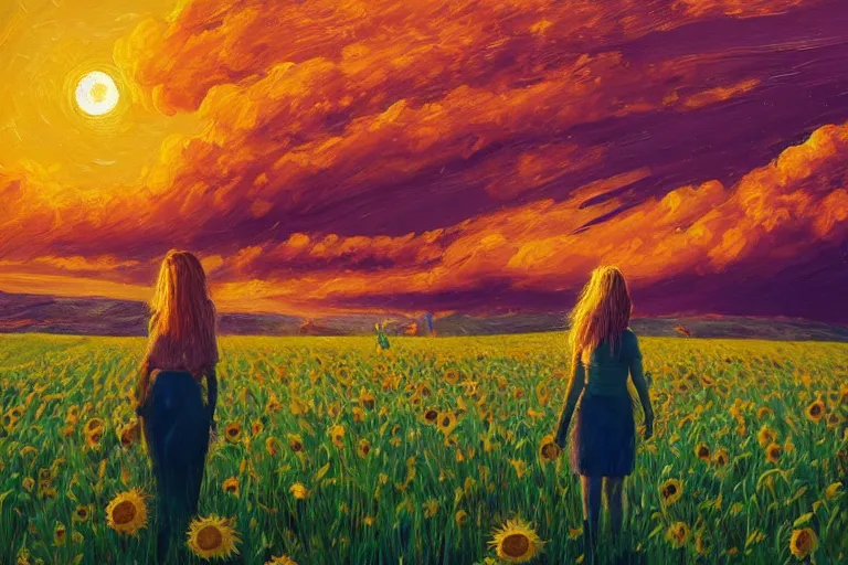 Image similar to giant sunflower as a head, girl walking in wheat field, hills, surreal photography, dark night, star trails, dramatic light, impressionist painting, clouds, digital painting, artstation, simon stalenhag