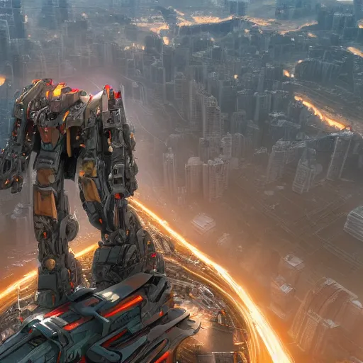 Prompt: a beautiful hyperrealistic ultradetailed 3D render of a gigantic mecha standing above the city, by brian sum and stephen martiniere and Antonio Manzanedo, octane render, PBR, 3D, brilliantly colored, intricate, wide angle, volumetric lighting, polished, path tracing