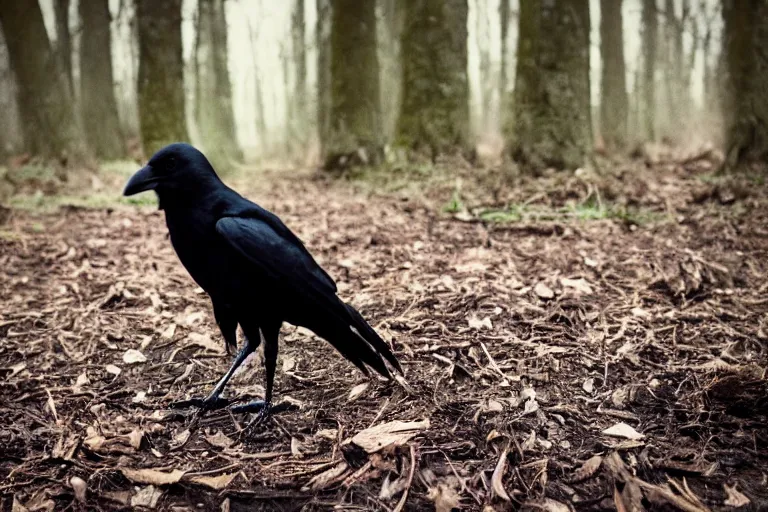 Prompt: human mixed with a crow, photograph captured in a dark forest