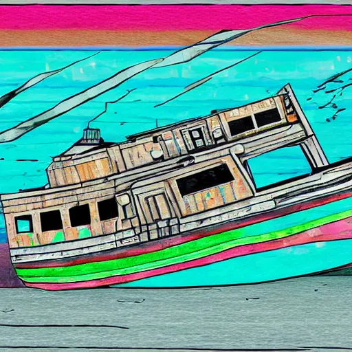 Prompt: ultra precise, asymmetric fineliner drawing of an abandoned ship in the aral sea desert, three colour ink marker pen on rainbow spattered glossy paper. bold lines, gallery quality, photorealistic, very detailed, 8 k