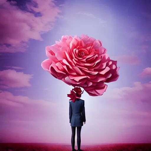 Image similar to portrait, giant rose flower head, girl in a suit, surreal photography, sunrise, blue sky, dramatic light, impressionist painting, digital painting, artstation, simon stalenhag