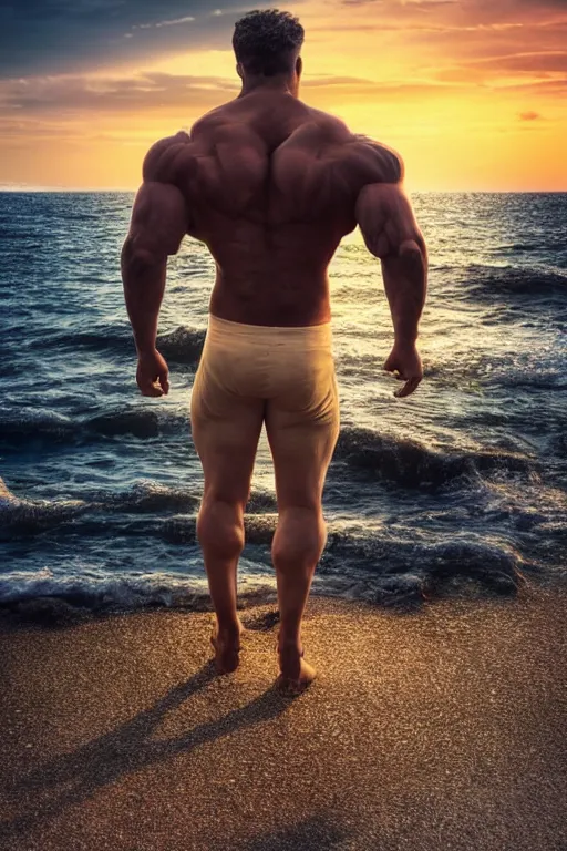 Image similar to a very muscular and defined man wearing ripped pants and shirt looking to the sea at sunset, godrays, complementary colors, natural lighting, portait image, path tracing, serene landscape, high quality, highly detailed, 8K, soft colors, warm colors, turbulent sea, high coherence, anatomically correct, hyperrealistic, concept art, defined face, five fingers, looking to the camera