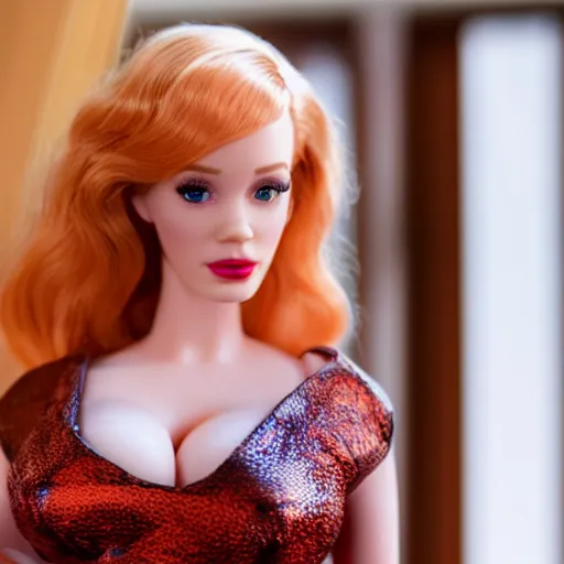 Image similar to amazing beautiful Christina Hendricks barbie doll wearing leather in the living room, film still from the movie directed by Denis Villeneuve , wide lens