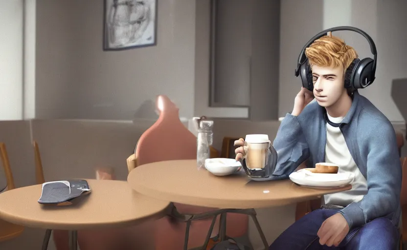 Image similar to a male teenager with headphones in a cafe sitting in front of a table with a coffee, digital painting, masterpiece, digital art, concept art, octane render, unreal engine 5, trending on deviantart, highly detailed, high quality, 4 k, cartoon, high coherence, realistic, anatomically correct, five fingers, relaxing, realistic and detailed face, beautiful, elegant