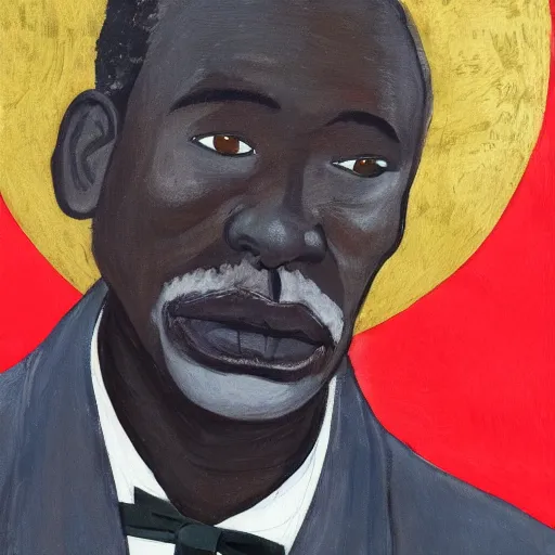 Image similar to a painting of a loving, caring fatherly wide forehead, aquiline nose, round face, XXL , generous, ever-present, humble, wise elder from Kenya in a silver suit and red tie by Kara Walker . Fatherly/daddy, focused, loving, leader, relaxed. Gold background, heavenly lights, details, smooth, sharp focus, illustration, realistic, cinematic, artstation, award winning, rgb , unreal engine, octane render, cinematic light, macro, depth of field, blur, light and clouds, highly detailed epic cinematic concept art CG render made in Maya, Blender and Photoshop, octane render, excellent composition, dynamic dramatic cinematic lighting, aesthetic, very inspirational, arthouse.