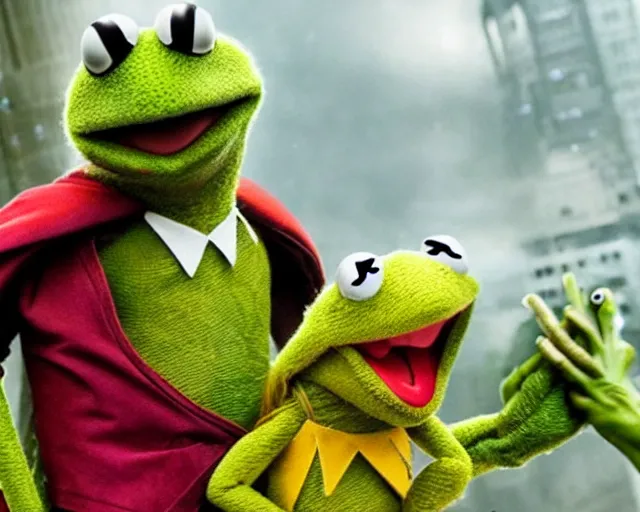 Image similar to a still from the movie Thor: Love and thunder with Kermit the muppet frog playing Thor
