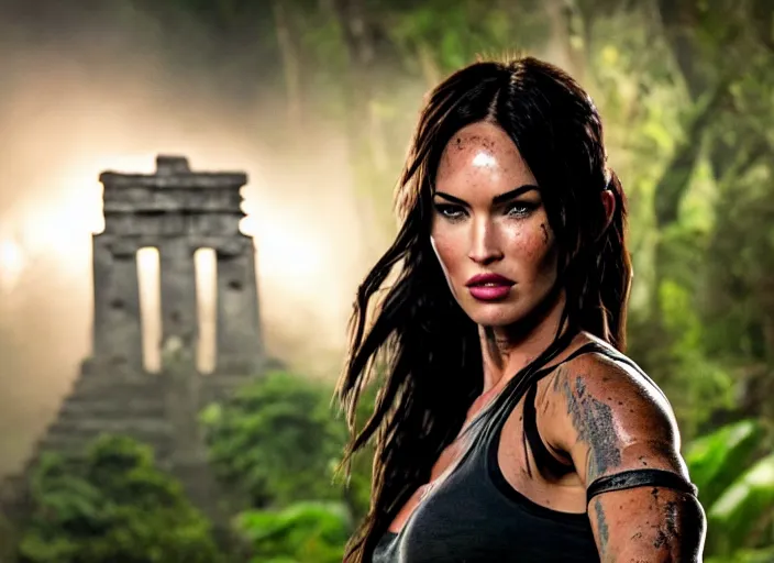 Prompt: film still of!!!! megan fox!!! as lara croft in new tomb raider movie, closeup portrait, aztec temple in the jungle, octane, mist, volumetric lighting, 8 k