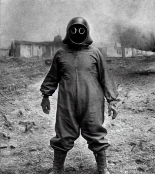 Prompt: man in a hazmat suit and gasmask, ww1 film photo, grainy, high detail, high resolution